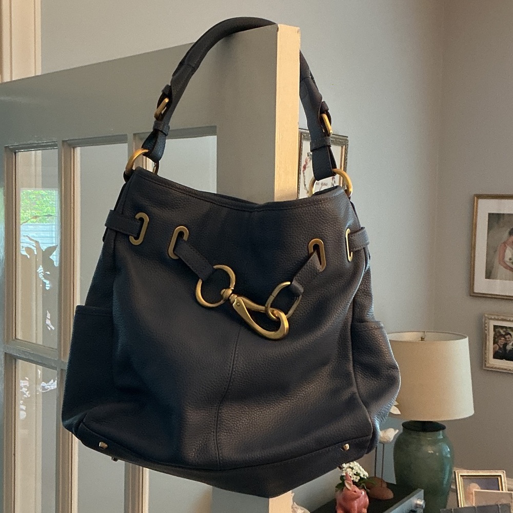 Donna Karan Navy Leather Shoulder Bag with Gold Hardware